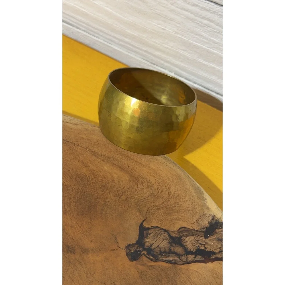 Vintage Hammered Brass Wide Cuff Bangle Statement Bracelet Gold Tone Chunky